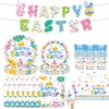 Nuevo Color Pascua Conejo Huevo Pascua Charola Papel Vaso Papel Servilleta Mantel Suministros Festivos Vajilla Traje Fiesta