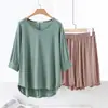 Algodón Transpirable Holgado Casual Ropa de Casa Verano Delgado Talla Grande Mangas de Murciélago Holgadas para Mujer Cuello en V Shorts Conjunto de Dos Piezas