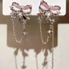 Dulce Nuevo Clip de Oreja con Borla de Lazo Rosa Sin Perforaciones Diseño de Nicho Clip Largo Asimétrico para Cartílago