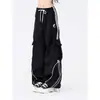 Calça Jogger Preta com Cordão Perna Larga Solta Casual Workwear Bolso com Aba Calça de Moletom Feminina Tendência Primavera Hip-Hop Comprimento Total