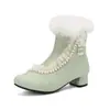Botas Mary Jane Femininas com Renda de Folha de Lótus e Contas Botas Curtas Botas Familiares Sapatos de Estudante Salto Baixo Grosso Tamanho 29-43 Exportação