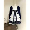 Vestido de pastel abullonado con estampado de lunares en la correa, bordes con volantes, falda de cuadros y cárdigan de manga larga para mujer, disponible en stock, color medianoche, 'sweetheart girl'
