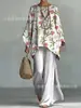 Nuevo conjunto de dos piezas para mujer: camiseta casual de moda con estampado transfronterizo, cuello redondo, manga larga + pantalones de campana