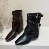 Botas cuadradas de tacón alto para mujer 2026, de pierna corta, a la moda, elegantes, nuevas para otoño, plisadas, apiladas, de media pantorrilla, estilo ecuestre