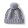 Gorro de cachemira de punto trenzado de color liso, unisex, cálido y grueso, con pompón y diseño que cubre las orejas
