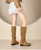 Botas de montar de ante caqui de tacón grueso apilado a media pantorrilla para mujer, nuevas botas largas adelgazantes de otoño e invierno 2026
