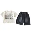 Conjunto de Ropa de Moda para Niño Pequeño Nuevo Atuendo de Verano con Collar Camiseta con Estampado de Letras Ropa Infantil de Dos Piezas