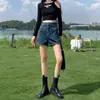 Shorts de Mezclilla Azules Retro de Cintura Alta para Mujer Verano 2025 Nuevos Sueltos Adelgazantes Finos de Pierna Ancha de Línea A Hot Pants