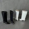 Botas de Caballero de Piel de Vaca para Mujer Botas Anchas Otoño Nuevo Estilo Piel Genuina Punta Fina Trenzadas Caladas Tacones de Aguja Retro Botas Altas hasta la Rodilla