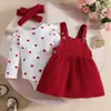 Conjunto de Vestido Europeo y Americano para Bebés Niñas: Top de manga larga con corazón acanalado + Vestido de tirantes de pana + Diadema