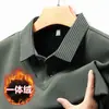 Camisa Polo Grossa Forrada com Fleece para o Inverno, Peça Falsa de Duas Peças, Camiseta Integrada com Gola em Fleece, Blusa Térmica de Manga Longa Listrada