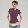 Camiseta Básica de Manga Curta Cor Sólida Estilo Americano para Mulheres, Tecido de Toque Nu de Secagem Rápida para Yoga, Modelagem Justa, Top Fitness Esportivo Emagrecedor para Corrida