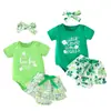 Roupas infantis Dia de São Patrício 2024 primavera e verão novo macacão de bebê menina com estampa de trevo e short de manga curta