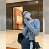 Cárdigan de punto gris estilo coreano para mujer, una pieza fina y sencilla de otoño que estiliza, presenta mangas largas, un cuello redondo y está diseñado como una prenda exterior casual.