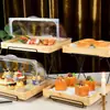 Estante de Bambú de Doble Capa para Pasteles y Pan con Tapa Superior abatible, Bandeja de Exhibición para Repostería y Panadería, Bandeja para Postres y Sushi para Uso Comercial