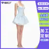 Vestido a cuadros sin tirantes estilo francés personalizado con un dobladillo grande, Vestido largo estilo vacacional con ceñidor en la cintura para mujer, Hecho en fábrica