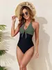 Traje de baño entero conservador de estilo europeo y americano transfronterizo, cuello halter con bloques de color, escote en V, nudo frontal, cintura alta, que oculta el abdomen, corte ajustado