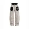 Jeans de moda con bolsillo de parche de estampado de leopardo para mujer, corte holgado, estilo callejero, pantalones casuales de pierna ancha curvada de alta costura