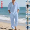 Ropa de casa casual de estilo americano para hombre, de lino, holgada, para primavera y otoño, con diseño de cuello en V, manga larga y pantalón largo.