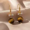 Brincos Maillard Outono e Inverno para Mulheres, Brincos de Luxo Leve de Nicho, Brincos Elegantes Populares Estilo Retrô com Pedra Olho de Tigre