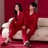 Seda de hielo primavera y otoño manga larga pantalón largo rojo festivo año zodiacal cuello solapa cárdigan nuevo conjunto de ropa de boda para el hogar