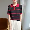 Camiseta de manga corta a rayas con cuello polo y bloques de color retro estilo francés para mujer, top fino de punto de seda helada transpirable de ajuste ceñido para verano
