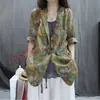 Ropa de Mujer de Algodón y Lino 2026 Verano Nuevo Estilo Ramio Estampado Retro Holgado Elegante Casual Versátil Blazer de Manga Larga