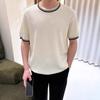 Camiseta de Verano de Estilo Americano Nueva Tejida de Manga Corta para Hombre Top Guapo Combinación de Colores Explosiones Moda Ins Top Camiseta de Cuello Redondo