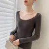 Suéter de cachemira pura premium sin costuras para mujer, cuello en U, acanalado, corte ajustado, cuello redondo bajo, prenda base de punto