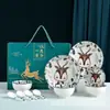 Yuhuo Yilu Fanghua Cerámica para el Hogar Juego de 4 Tazones 4 Cucharas 2 Platos Caja de Regalo Creativa Souvenir Regalo de Negocios