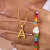 Collar de Cadena de Clavícula en Capas con Colgante de 26 Letras Transfronterizo Nuevo Europeo y Americano, Piedra Natural, Corazón, Combinación de Colores Dopamina, con Cuentas