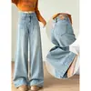 Jeans Wide-Leg Desgastado Feminino Outono Novo Tamanho Grande MM Gordo Retro Solto Preguiçoso Caimento Calça Reta Cintura Alta