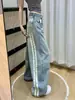 Calça jeans azul claro estilo retrô americano com fita de gorgurão, projetada para mulheres altas, com uma versão alongada, calça pantalona estilosa que afina a silhueta e apresenta um corte curvo