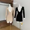 Vestido de Punto para Mujer del New York Art College, Vestido de Capa Interior, Falso Dos Piezas, Falda con Cuello de Camisa Empalmado, Falda Plisada, Negro