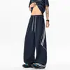 Pantalones casuales de seda de hielo azul marino, corte holgado, estilo americano, secado rápido, pierna recta, de calle, a rayas, talla grande, pierna ancha, deportivos