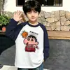 Camiseta de manga larga de algodón puro con bloques de color elegantes para niños de principios de primavera, estilo coreano, casual y versátil, con mangas raglán, adecuada para niños de mediana y mayor edad