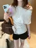 Camiseta de Manga Corta para Mujer, Estilo Pura Pasión Té Verde Limón, Hombros Descubiertos, Escote Asimétrico, Corte Holgado de Verano, Adelgazante, Versátil, Top que Ceñe la Cintura