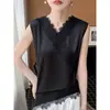 Camiseta sin mangas de encaje de alta gama estilo francés con cuello en V, dobladillo irregular y camisola satinada de corte holgado para mujer