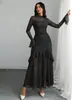 Vestido Negro Estampado Nuevo Europeo y Americano de Amazon con Manga de Hoja de Loto Estampado de Flores y Plantas Vestido de Nicho para Mujer