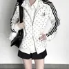 Moletom Cardigan com Gola Alta Estampa Completa de Bolinhas Estilo Retrô Americano Feminino Outono Inverno Roupa Esportiva Estilo Leve Y2K Peça Externa