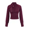 Camiseta de Manga Larga Plisada con Cuello Alto y Cinta de Lazo Estilo Puro Deseo Otoño Nuevo Ajustada de Cintura Alta Adelgazante Top de Chica Caliente