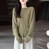 Nueva camisa base de punto para mujer de lana 100% pura con cuello de una línea, estilo único de moda, suéter de punto de manga larga