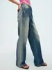 Jeans de algodón puro color gris humo azul vintage lavados, pantalón largo para mujer, nueva colección otoño 2026, de talle alto, adelgazante, de pierna recta, de pierna ancha