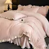 Colcha de Terciopelo de Leche Tallada Francesa Juego de Cama de Cuatro Piezas Borde de Encaje Rosa Terciopelo Engrosado de Doble Cara Suministros de Terciopelo Coral