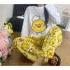 Pijama de primavera y otoño, conjunto de pantalones de manga larga de algodón puro tipo nube, diseño lindo de pollo con agujeros en la nariz estilo niña, delgado y holgado para el verano, para usar como prenda exterior