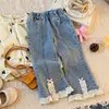 Pantalones Vaqueros con Adorno de Encaje para Niña, Suaves Pantalones de Micro-Campana, Estilo Coreano, Moda Ins, Pantalones Largos Casuales