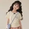 Conjunto de Shorts Finos de Verano y Camiseta para Niñas, Bloques de Color Estilo Coreano, Nuevo Diseño de Verano con Encaje y Lazo, Atuendo de Camiseta de Manga Corta para Niños Mayores