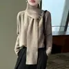 Suéter de punto de alta gama con cuello de bufanda 100% lana pura para mujer, otoño e invierno, corte holgado, adelgazante, elegante, cálido y estiloso