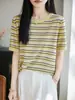 Camiseta de punto a rayas estilo francés de manga corta para mujer, fina y holgada para verano, adelgazante y transpirable, top casual de cuello redondo