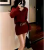 Vestido Tricô Vermelho Francês com Lapela, Justo no Corpo, para Mulheres 2025 Novo Vestido Suéter de Alta Qualidade